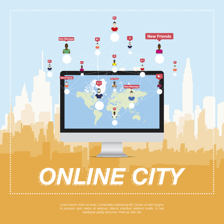 Online city, people communicate in a network. World map on the screen and silhouette of the city in the background. Flat vector illustration EPS 10.のイラスト素材