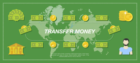 Transfer Money. Bank, money, people and world map in the green background. Flat vector illustration EPS10のイラスト素材