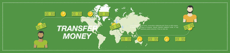 Transfer Money. Money, people and world map in the green background. Flat vector illustration EPS10のイラスト素材