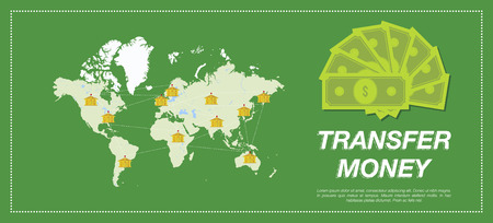 Transfer Money. Money and world map in the green background. Flat vector illustration EPS10のイラスト素材