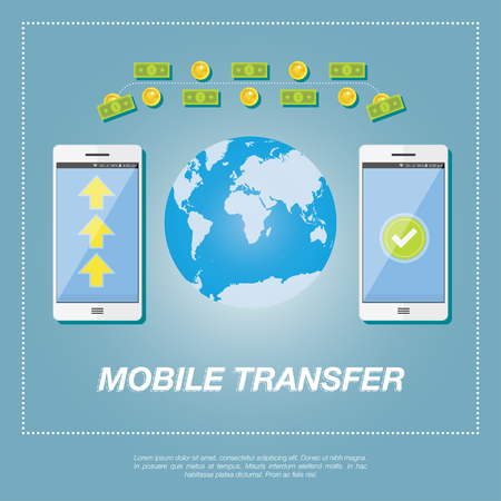 Money transfer vector concept. Sending gold coins and banknote from smart phone on smart phone on the background of the world map. Illustration in flat style.のイラスト素材