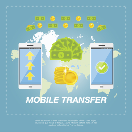 Money transfer vector concept. Sending gold coins and banknote from smart phone on smart phone on the background of the world map. Illustration in flat style.のイラスト素材