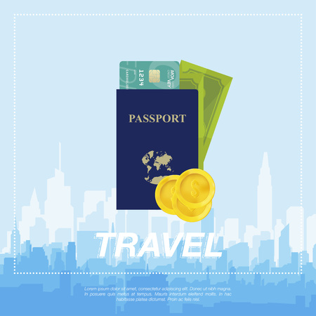 Set to travel. The plane, a passport with money, credit card and golden coins on the background of urban buildings.のイラスト素材