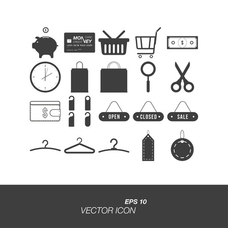 Set icons on the topic of shopping in flat style isolated on white background. Set symbols for your design and logo.のイラスト素材