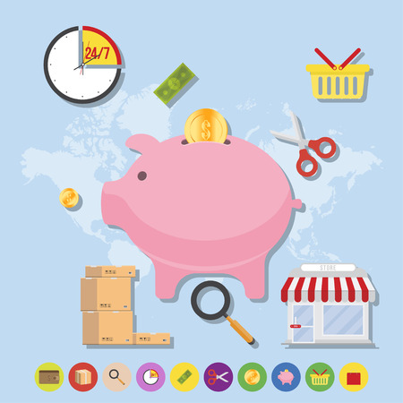 Store and icons on world map background. Flat vector illustrations on the theme of shopping.のイラスト素材