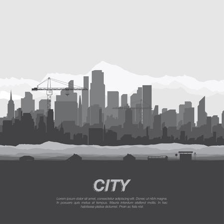 The silhouette city with tower crane and a bus stop.. Flat vector illustration EPS10のイラスト素材