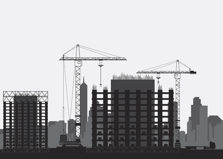 Silhouettes of building houses. Tower crane and houses of monolith. Flat vector illustration EPS10のイラスト素材