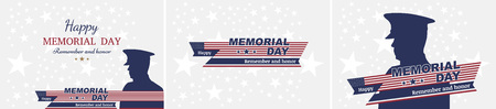 Set happy memorial day. Greeting cards with flag and soldier on background. National American holiday eventのイラスト素材