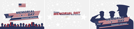 Set happy memorial day. Greeting cards with flag and soldier on background. National American holiday eventのイラスト素材