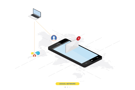 3D isometric concept. New message notification icon in smartphone against the background of the world map. Vector illustration EPS 10.のイラスト素材