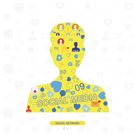 Icons of social networks and symbols of notifications on the background of the silhouette of the avatar. Flat vector illustration EPS 10.のイラスト素材