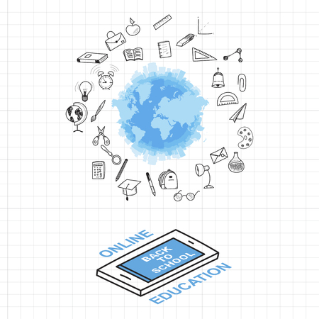 Template on a theme back to school with a sheet in a box. A set of drawing vector elements for education with endolar accessories. Vector illustrationのイラスト素材