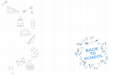 Template on a theme back to school with a sheet in a box. A set of drawing vector elements for education with endolar accessories. Vector illustrationのイラスト素材