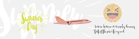 Summer Day banner with airplane and smiley face, vector illustration.のイラスト素材