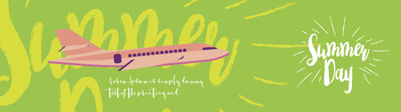 Summer day greeting card. Font inscription with an airplane on the background. Flat vector illustration.のイラスト素材