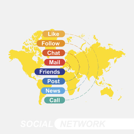 Social network concept on background world map on the topic of communication on the Internet and communication with the outside world. Communicating in social networks and on the phone.のイラスト素材