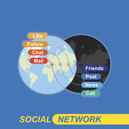 Social network concept on background world map on the topic of communication on the Internet and communication with the outside world. Communicating in social networks and on the phone.のイラスト素材