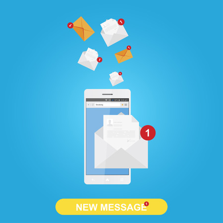 New message in white smartphone on background world map, notification icon. Flat vector illustrationのイラスト素材