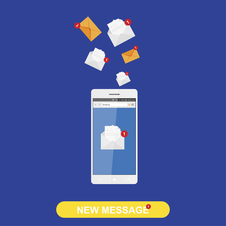 New message in white smartphone on background world map, notification icon. Flat vector illustrationのイラスト素材