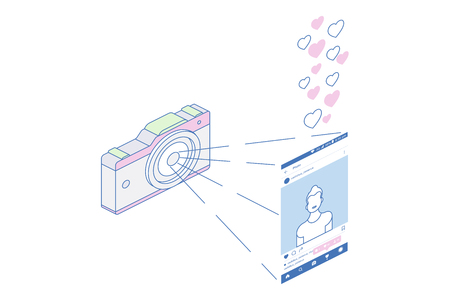 3D isometric concept. Line art photo camera with social application and social profile. Vector illustration EPS 10.のイラスト素材