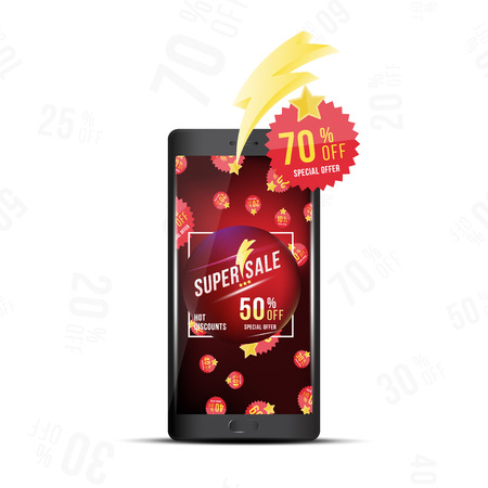 Black smartphone on white background with pattern of discounts. Template of the emblem with special offer flat vector illustration EPS 10.のイラスト素材