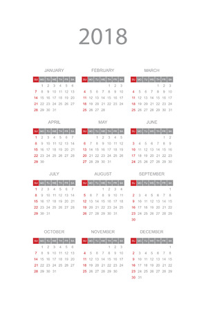 Simple calendar for 2018 year. Week starts from Sunday. Flat vector illustration EPS10.のイラスト素材