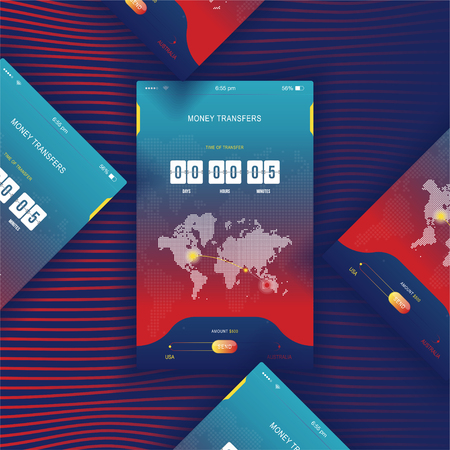 Modern UI. Mobile app for online transfer money with timer countdown. UX application and flat web icons with world map. Flat vector illustration EPS 10.のイラスト素材