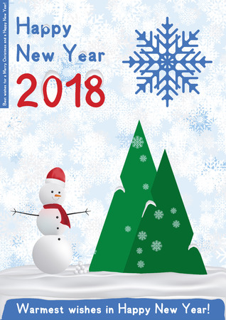 Festive poster with a new year and a Merry Christmas. Greeting card with a snowman on a background of trees and snow. Flat vector illustration EPS10..のイラスト素材