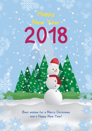 Festive poster with a new year and a Merry Christmas. Greeting card with a snowman on a background of trees and snow mountains. Flat vector illustration EPS10.のイラスト素材