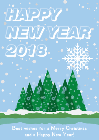 Festive poster with a new year and a Merry Christmas. Greeting card with a trees and snow. Flat vector illustration EPS10のイラスト素材