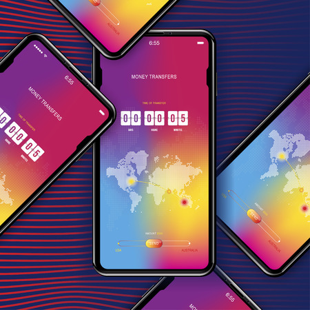 Template realistic smartphone with a gradient and screen lock on a gradient background. Phone with mobile app for online transfer money with timer countdown.. Flat vector illustration.のイラスト素材