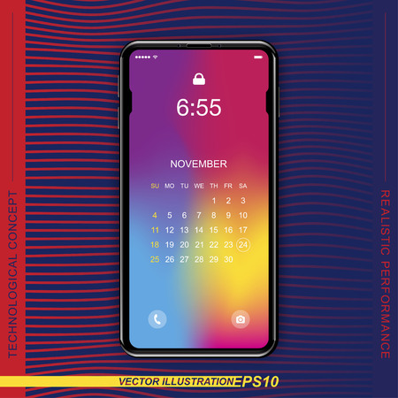 Template realistic black smartphone with a screen lock on a colour background. Phone with set of web icons and calendar. Flat vector illustration EPS 10.のイラスト素材