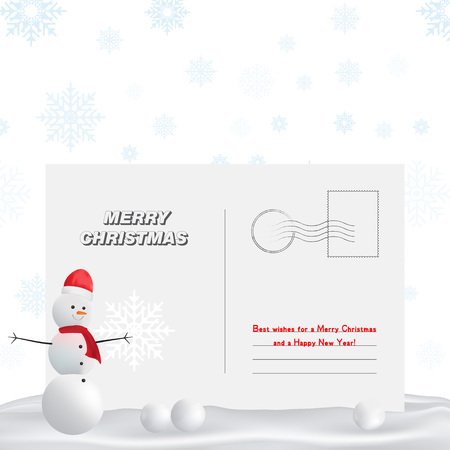 A Vector Postcard. Postal card for new year and a Merry Christmas. Greeting card with a snowman. Flat vector illustration EPS10.のイラスト素材
