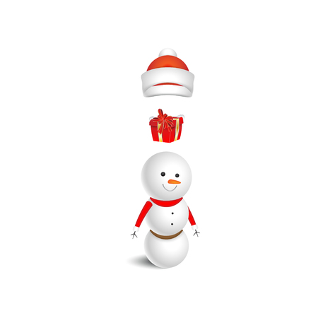 Snowman with a red Santa Claus hat and gift on a white background. A cartoon character for Christmas and New Year.のイラスト素材