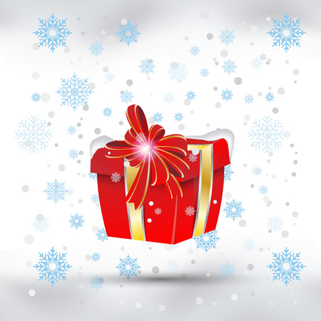 Red gift box with gold ribbons against the snow. Packing for Christmas and New Year.のイラスト素材