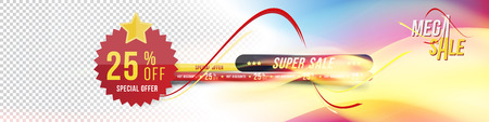 Super sale banner for the website. Banner with a gradient and a discount of 25% with a sticker on a transparent and colored background with realistic fire.のイラスト素材