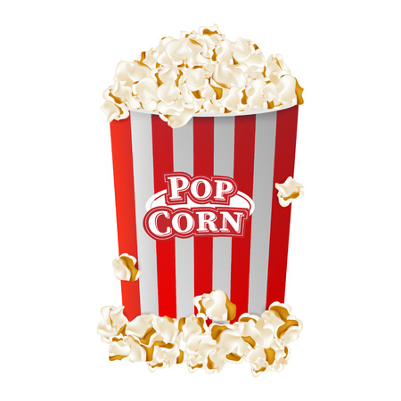 Popcorn in striped bucket box isolated on white background. Flat vector illustration EPS 10.のイラスト素材