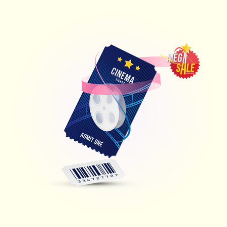 Cinema ticket realistic with mega sale isolated on white background with shadow. Flat vector illustration EPS 10.のイラスト素材