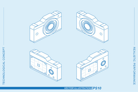 Set 3D isometric line art photo cameras isolated on the light background. Cameras with a lens and a display with a grid. Flat vector illustration.のイラスト素材