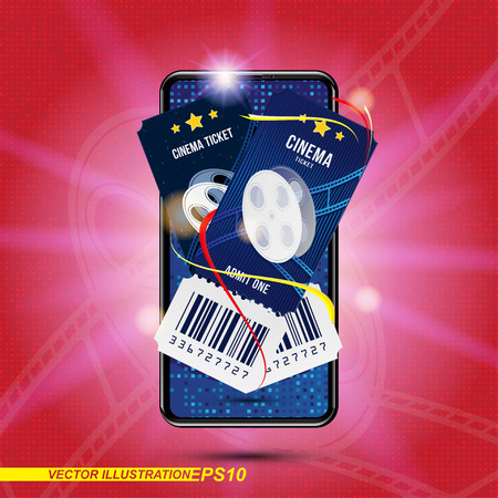Smartphone with two cinema ticket realistic on red and light background with shadow. Flat vector illustration.のイラスト素材
