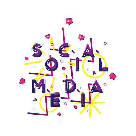 Social media - a font inscription with icons of new friends, likes and comments with beautiful design elements. Flat vector illustration EPS 10.のイラスト素材