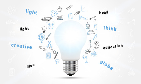 Concept on the topic of ideas and education. A realistic light bulb with lighting and a set of doodle icon isolated on white background with shadow.のイラスト素材