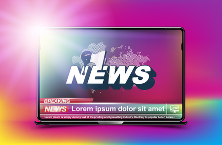 Banner Breaking News template in realistic laptop on colour background.のイラスト素材