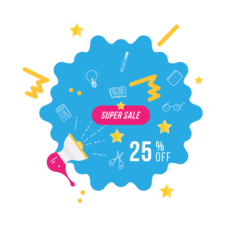 Super sale 25% off discount. Banner template with loudspeaker for design advertising and poster on white background. Flat vector illustration EPS 10.のイラスト素材