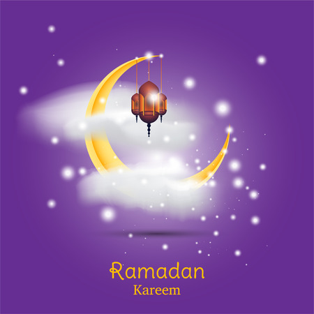 Ramadan Kareem greeting card template with crescent moon, lamp and light effect design.のイラスト素材