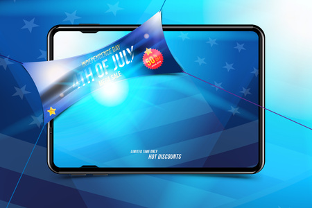 Banner Celebrate Happy 4th of July - Independence Day. Mega sale 50% off with tablet and USA flag. National American holiday event.のイラスト素材