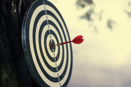 Shot red dart arrow in center of dartboard. Concept to target success and winner..の写真素材