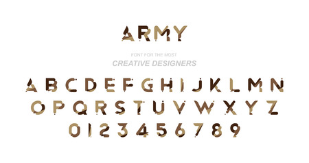 Original font a set of letters and numbers in camouflage for creative design template.のイラスト素材