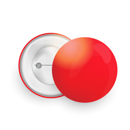 Realistic Mock up pin buttons. Red badge pin isolated on light background with shadow.のイラスト素材