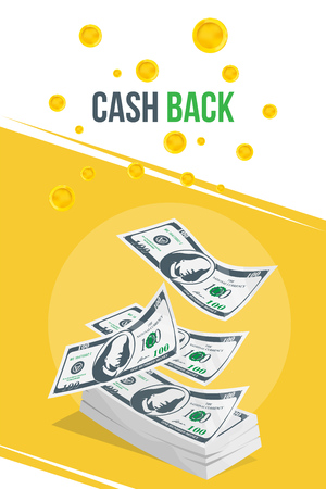 Cash Back banner with bundle of money and icon coins. The concept of financial and profitable offers.のイラスト素材